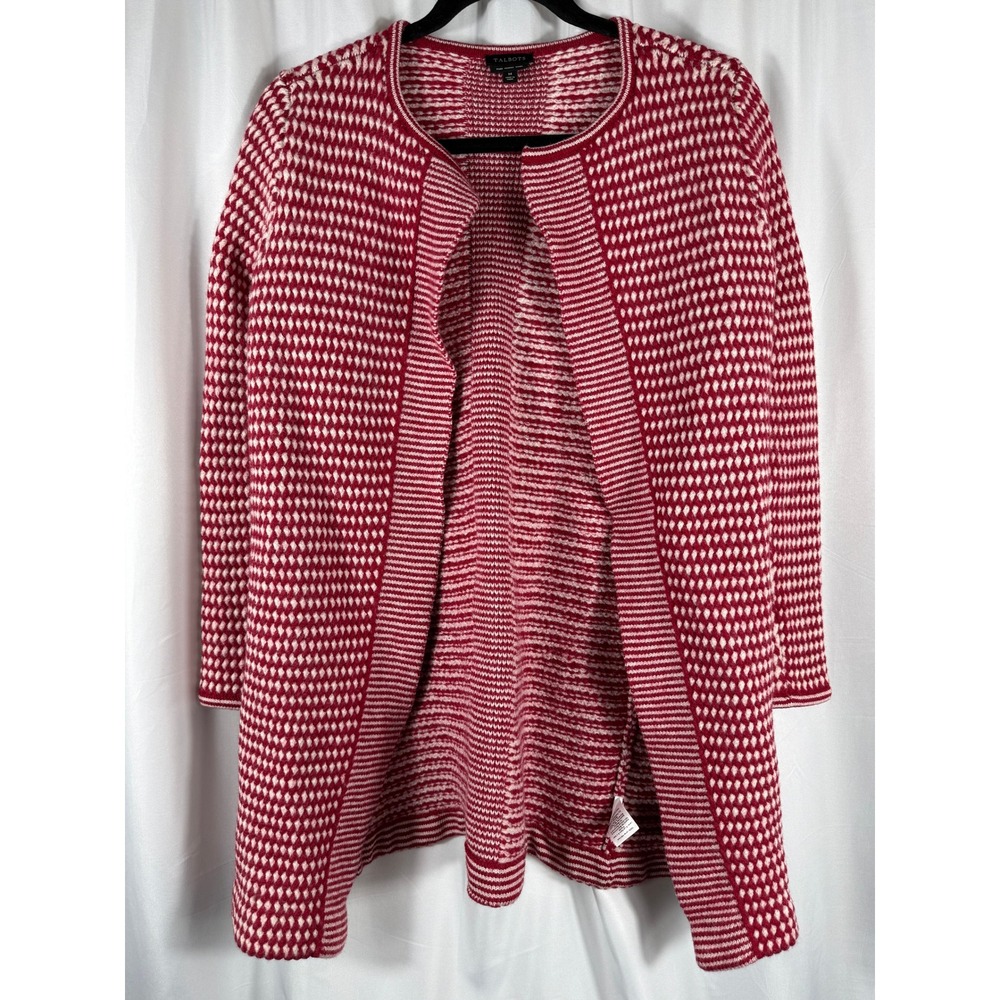 Talbots Red White Geometric Pattern Pure‎ Merino Wool Open Front Sweater M